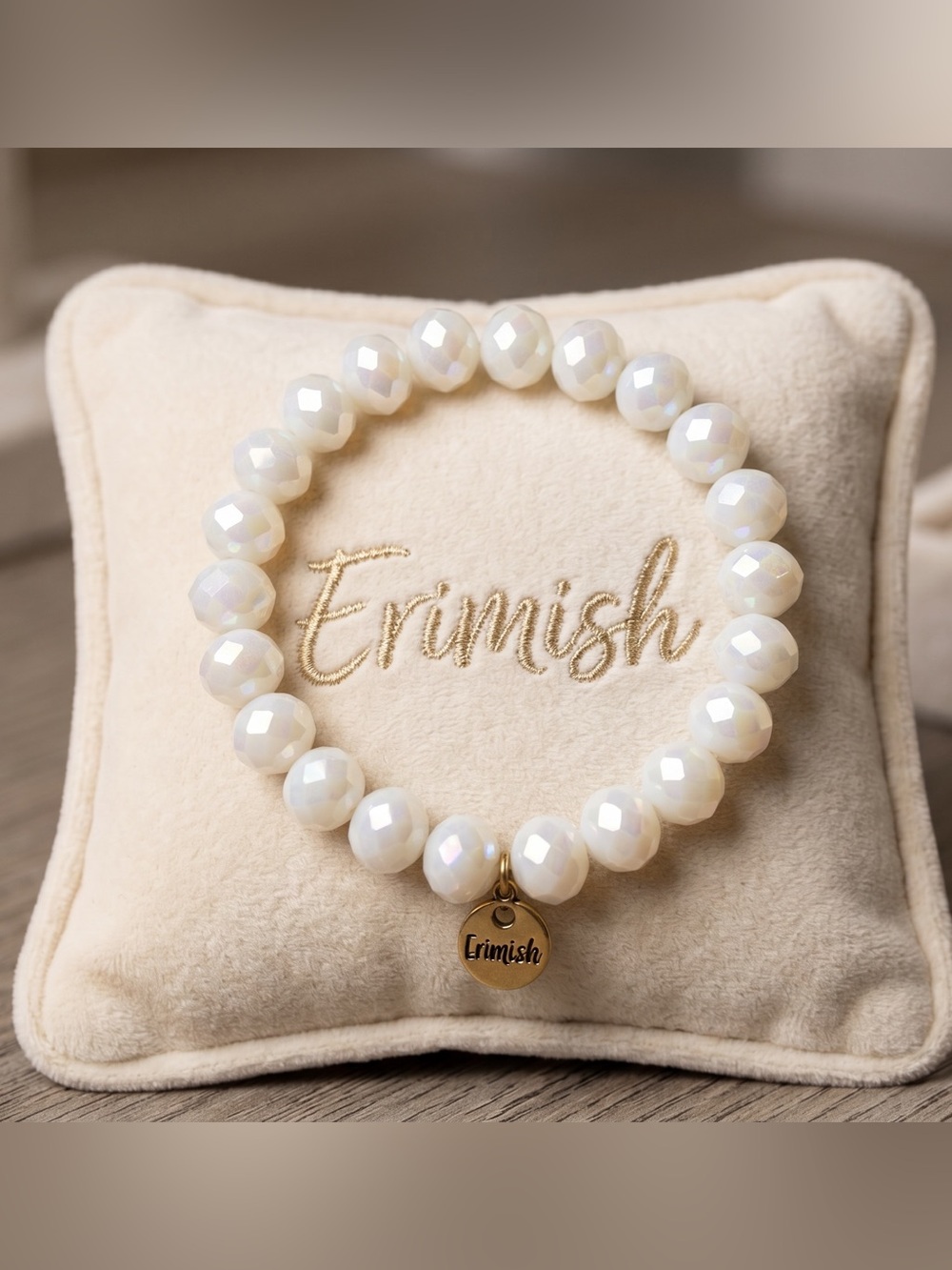 Erimish White Faceted Bead Stretch Bracelet with Logo Charm Stackable